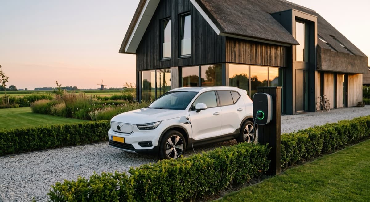 Elektrische auto aan een laadpaal bij een moderne woning