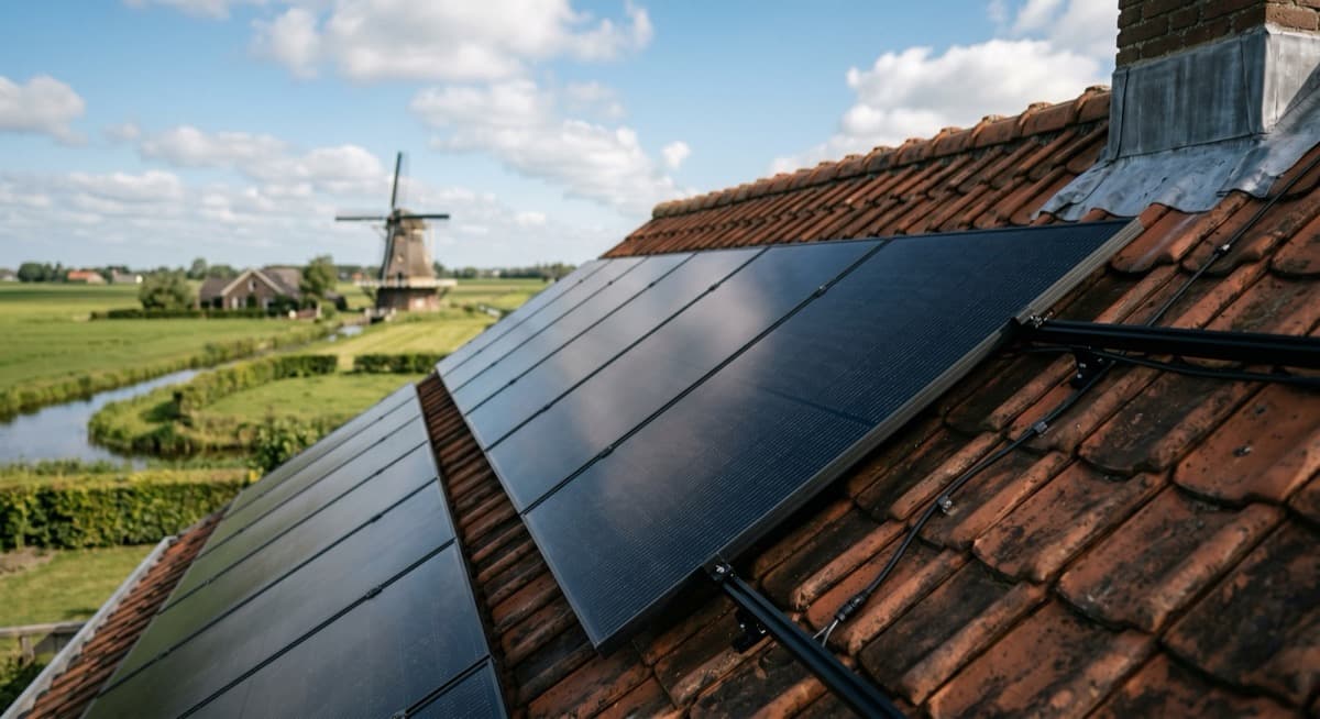 Zwarte zonnepanelen op een pannendak met een molen op de achtergrond